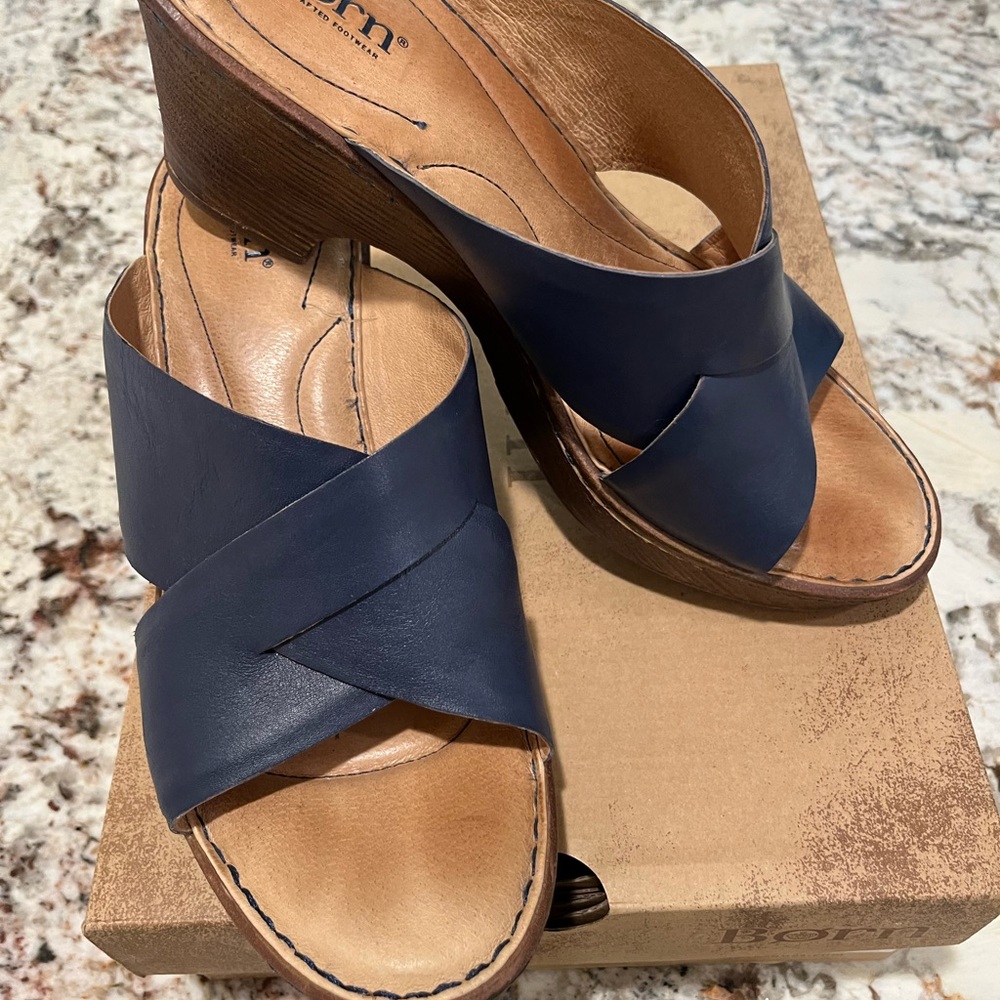 Born Navy Leather Cross Strap Platform Sandals